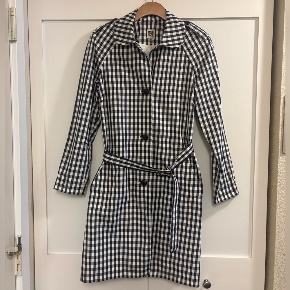 Anne Klein VTG Black & White Checkered Polyester Belted Collared Raincoat 8